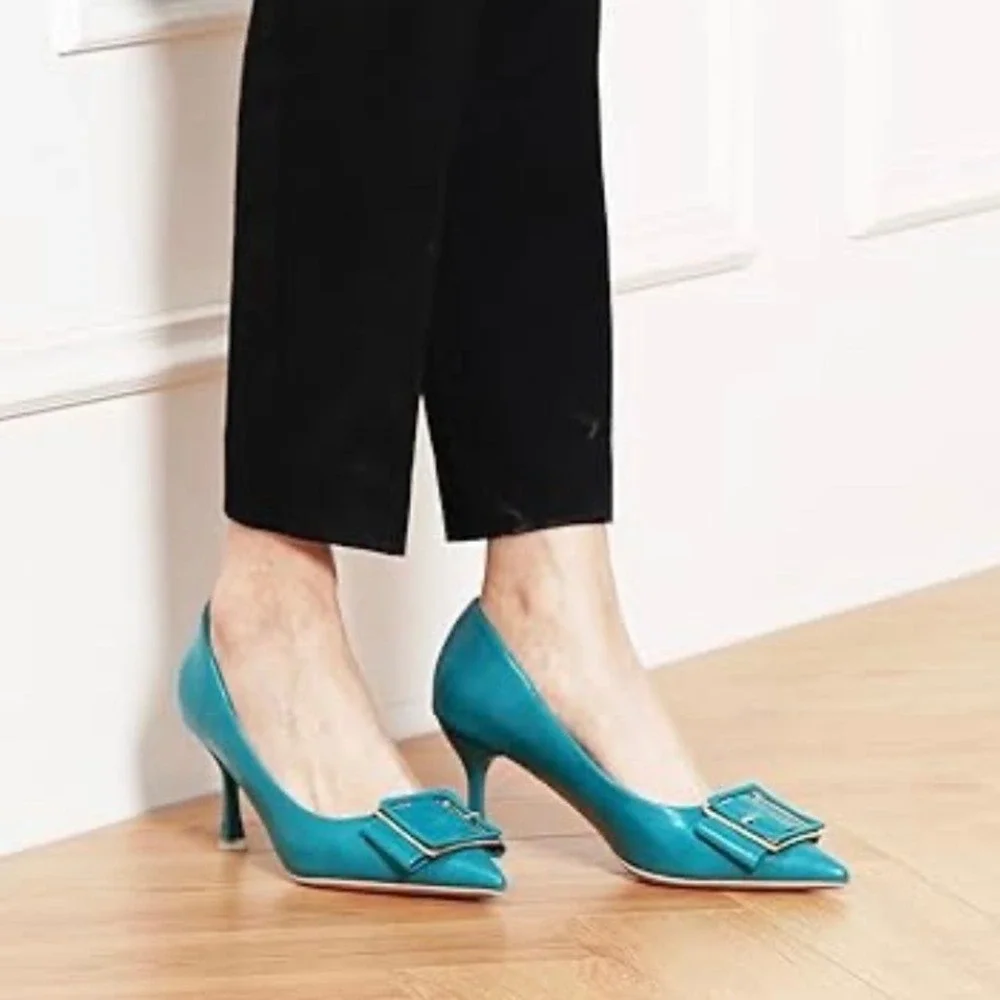 C.Paravano Peacock Blue Buckle Pumps Sz 36 / 5.5 Leather Pointed Toe Kitten Heel
